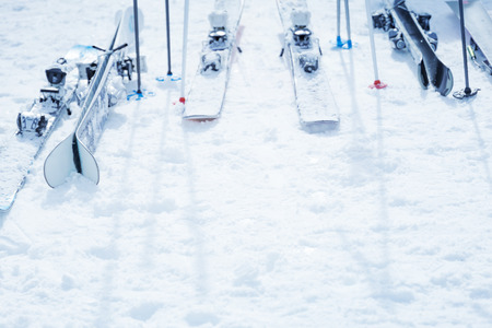 Ski equipment on snowy hillの写真素材