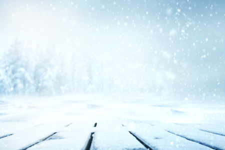 Heavy snowfall over pine trees seeing from wooden deckの写真素材