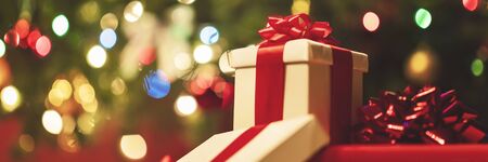 Christmas  with gift boxes and lightsの写真素材