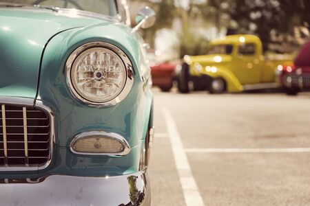 Old vintage car headlights close-upの写真素材