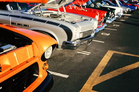 classic vintage cars parked in a rowの写真素材