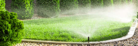 Sprinklers watering grass, green lawn in gardenの写真素材