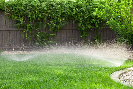 Sprinklers watering lawn, green lawn in gardenの写真素材