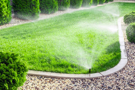 Sprinklers watering lawn, green lawn in gardenの写真素材