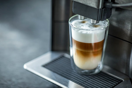 Espresso machine making fresh coffee latte. Shot of espresso being pour into fresh steamed milkの写真素材