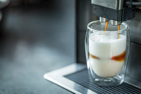 Espresso machine making fresh coffee latte. Shot of espresso being pour into fresh steamed milkの写真素材