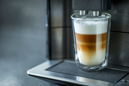 Espresso machine making fresh coffee latte. Shot of espresso being pour into fresh steamed milkの写真素材