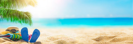 Woman relaxing on the beach. Panoramic banner with copy spaceの写真素材