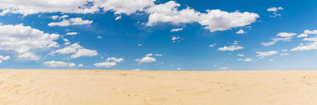 Panorama of sand dunes and blue sky with white clouds.の写真素材