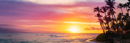 Beautiful sunset over the sea. Panoramic view of beautiful sunset over the sea.の写真素材