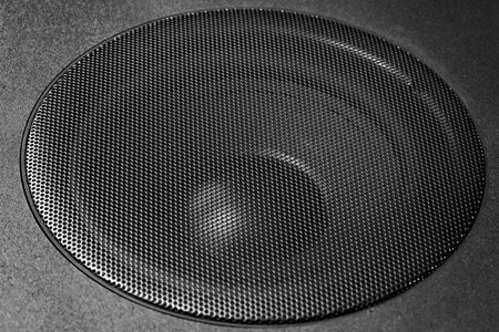 Audio speaker close up. Black and white photo of sound speaker.の写真素材