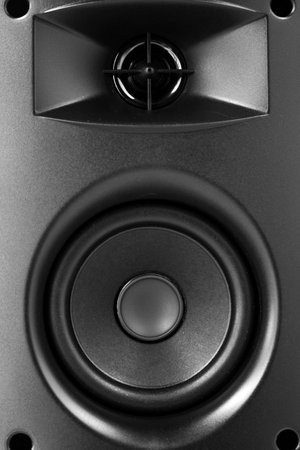 close up of a black speaker in the studio on a white backgroundの写真素材