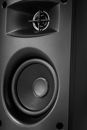 Close up of a black speaker in a sound system. Shallow depth of field.の写真素材