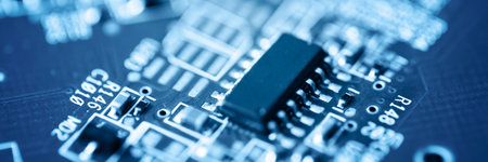Electronic circuit board close-up. Selective focus. Technology background.の写真素材