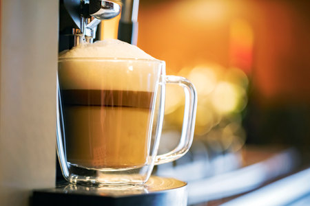 Coffee machine making espresso coffee in coffee shop, stock photoの写真素材