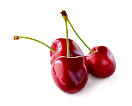 Red cherry isolated on white background. Full depth of field.の写真素材