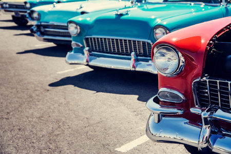 Close up of vintage american cars at a local car show.の写真素材
