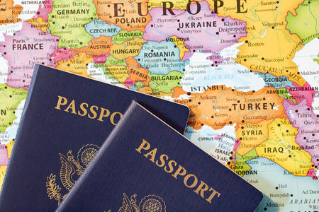 Two passports on the background of the map of the European Union.の写真素材