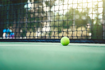 Tennis ball on tennis court with net background. Sport concept.の写真素材