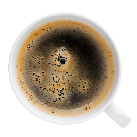 Top view of a cup of coffee isolated on white backgroundの写真素材