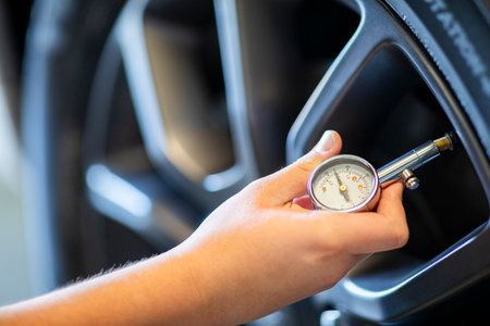Close-up of a man's hand adjusting tire pressure in a carの写真素材