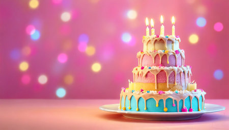 Birthday cake with burning candles on pink background with bokehの素材