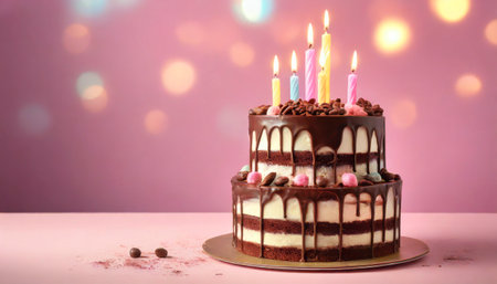 Birthday cake with burning candles on pink table against bokeh backgroundの素材