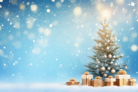 Christmas background with gift boxes and christmas tree on snow with bokehの素材