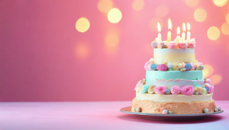 Birthday cake with burning candles on pink background, close-upの素材