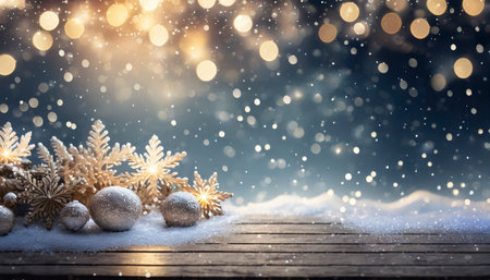 Christmas background with snow, snowflakes and bokeh lightsの素材