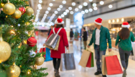 Blurred image of shopping mall and people with christmas tree backgroundの素材