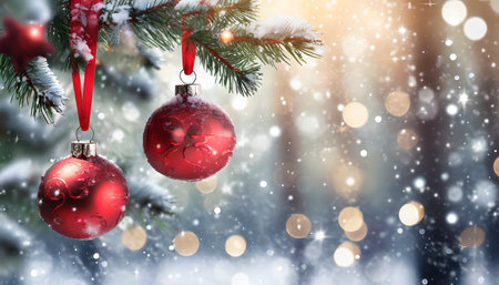 Christmas background with red baubles on snowy fir tree branch.の素材