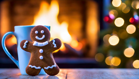 Cup of hot chocolate with gingerbread man in front of fireplaceの素材