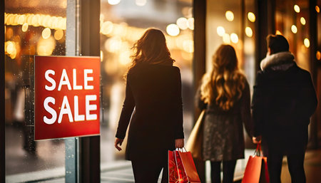 Sale concept. Woman with shopping bags in front of shop window.の素材