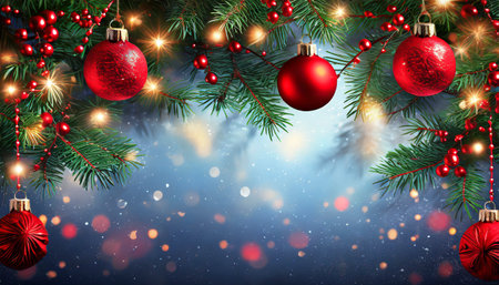 Christmas and New Year background with fir branches, red balls and lights.の素材