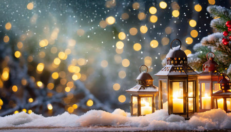 Christmas lanterns on snow with bokeh background. Festive decoration.の素材