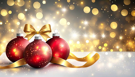 Christmas background with red baubles and golden ribbon. Vector illustration.の素材