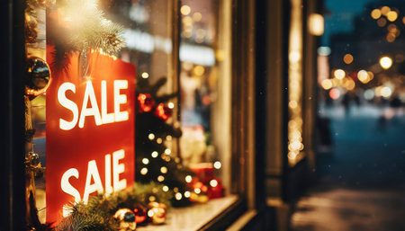 Christmas sale sign in front of shop window at night. Christmas sale concept.の素材