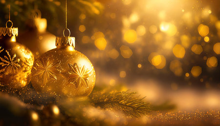 Christmas and New Year background. Golden Christmas balls on bokeh background.の素材