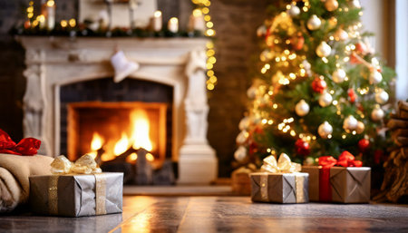 Christmas presents on the floor in the living room with fireplace and christmas treeの素材