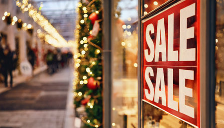 Sale sign in front of shop window with christmas decoration.の素材