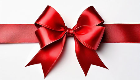 Red ribbon with bow on white background, closeup. Festive decorationの素材