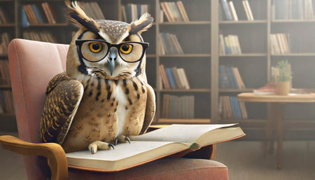 Owl with eyeglasses reading a book in the library.の素材