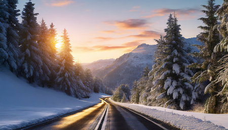 Winter road in the mountains at sunset. Carpathians, Ukraineの素材