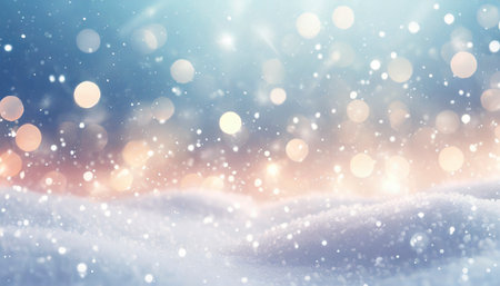 Winter background with snow, bokeh lights and falling snowflakesの素材