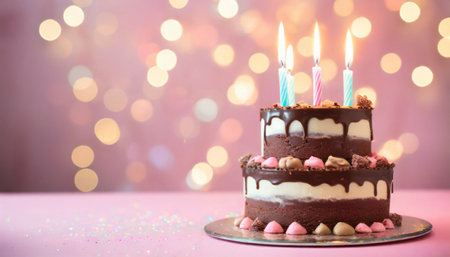 Birthday cake with burning candles on table against blurred lights, closeupの素材