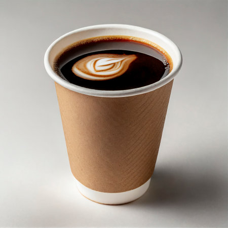 Coffee in a paper cup on a gray background, top viewの素材