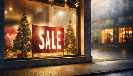 Christmas sale sign in a shop window at night. 3d renderingの素材