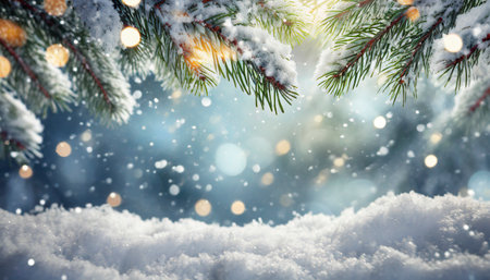Christmas background with snow covered fir tree and bokeh lights.の素材