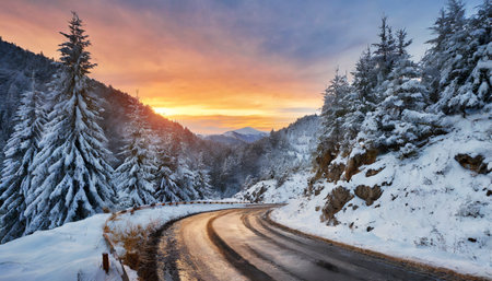 Winter road in the mountains at sunset. Carpathians, Ukraineの素材